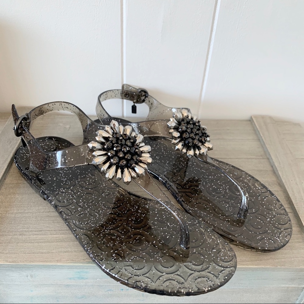 Coach Smoky Black Jelly Sandals with Crystal Flower Accent